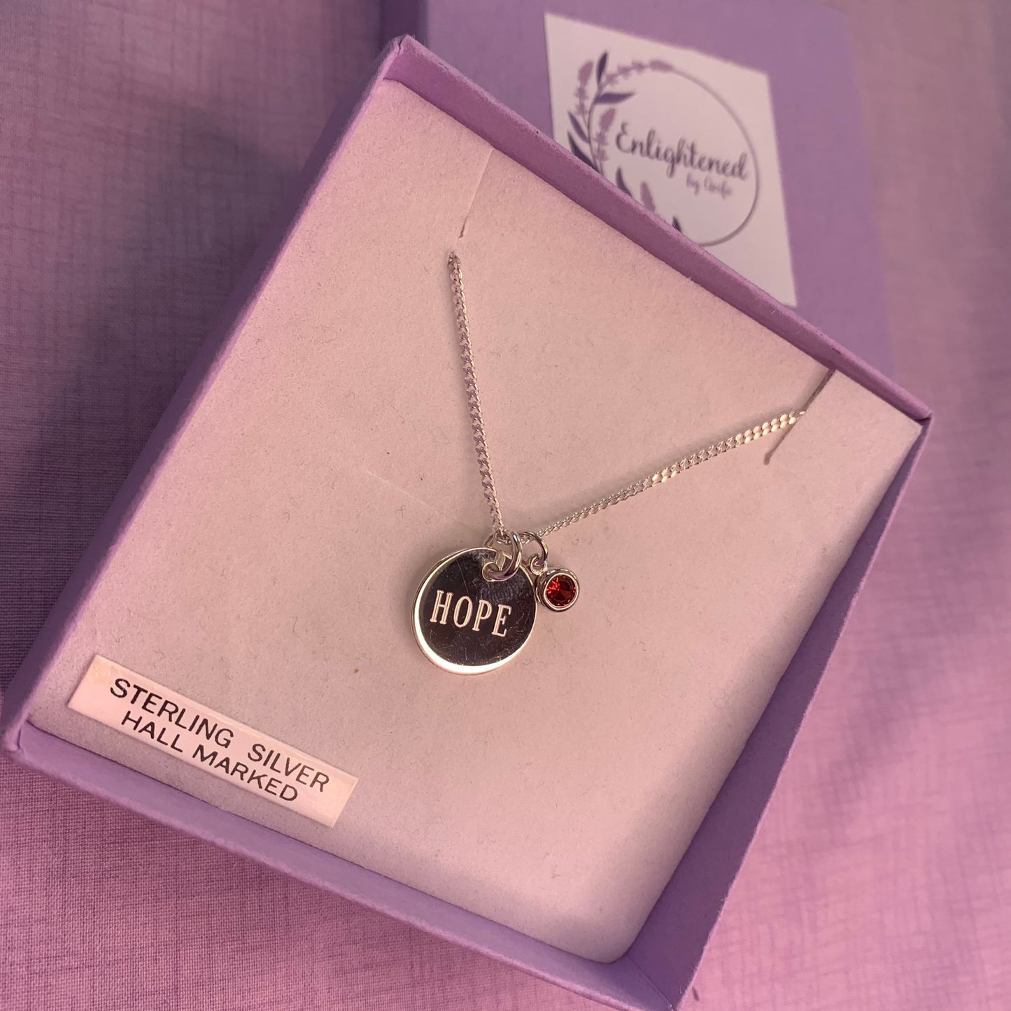 Hope affirmation necklace, sterling silver disc pendant with healing stone, gem birthstone