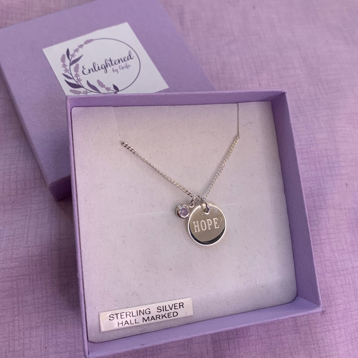 Hope affirmation necklace, sterling silver disc pendant with healing stone, gem birthstone