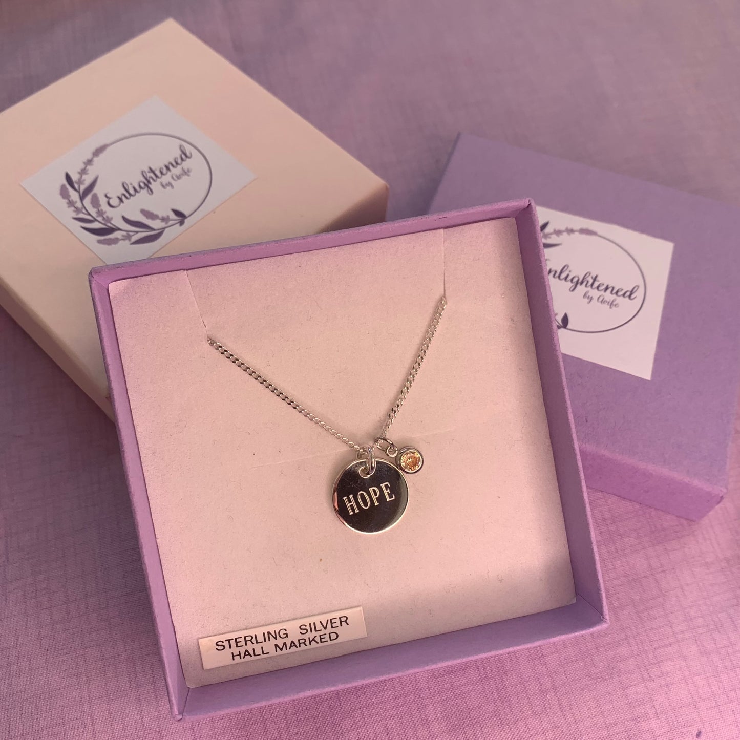 Hope affirmation necklace, sterling silver disc pendant with healing stone, gem birthstone