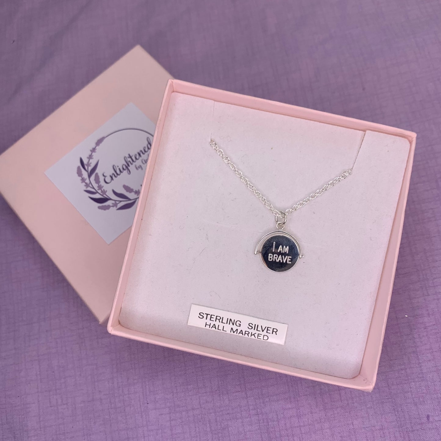 Sterling silver brave affirmation spinner necklace. A thoughtful gift of a spinner pendant allows those with sensory issues, anxiety, ADHD, autism is a meaningful gift for ourselves or as a mental health gift to remind those dearest to us that they are brave