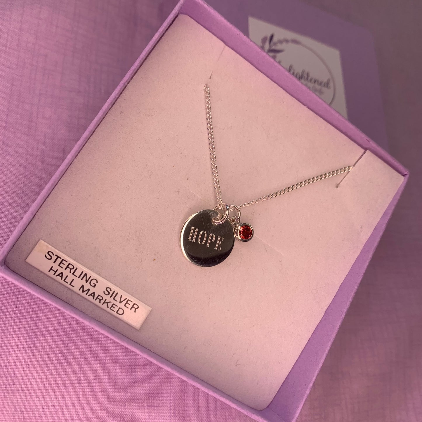 Hope affirmation necklace, sterling silver disc pendant with healing stone, gem birthstone