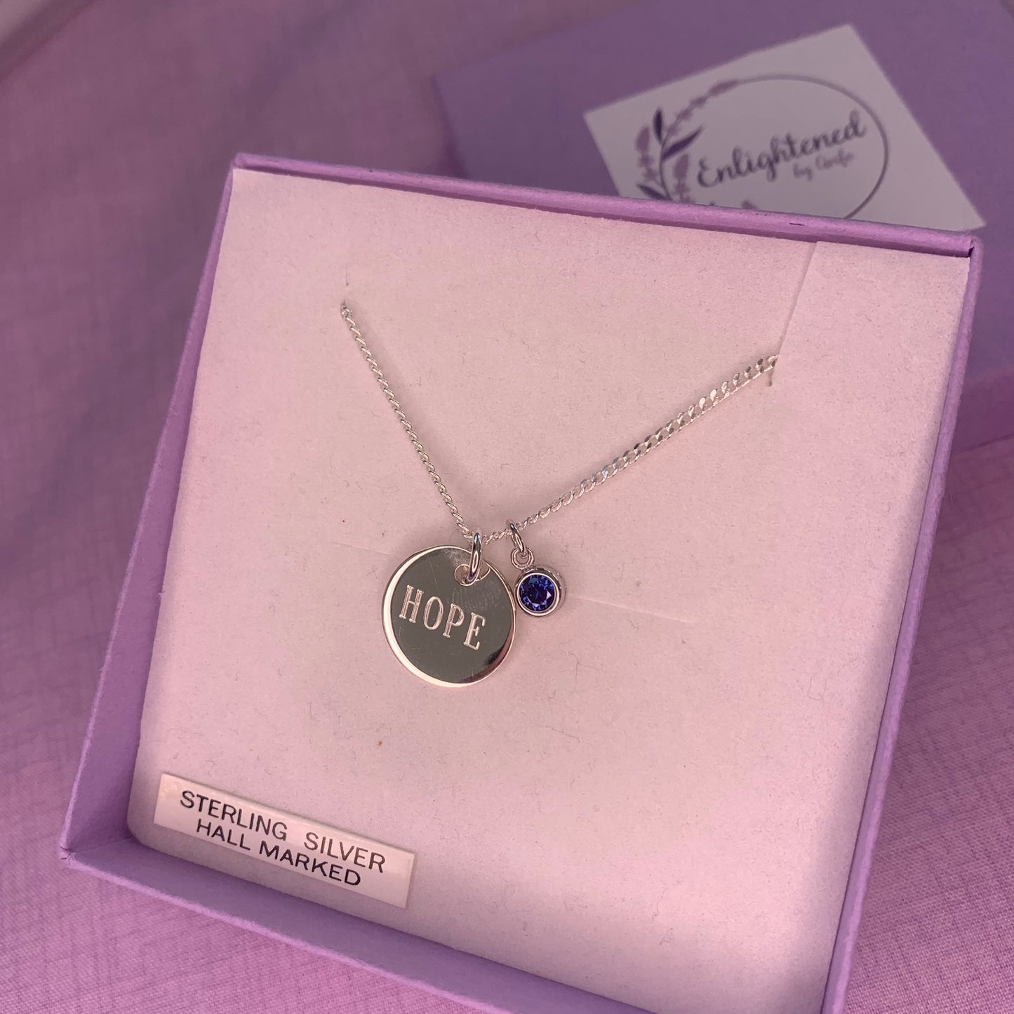 Hope affirmation necklace, sterling silver disc pendant with healing stone, gem birthstone