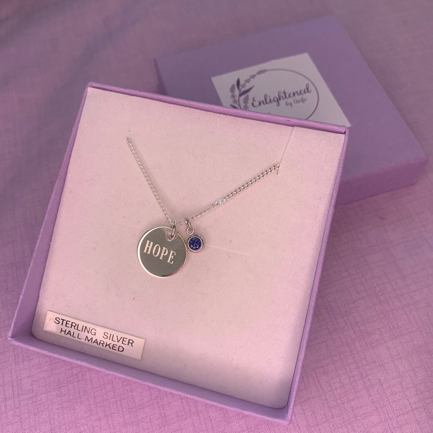 Hope affirmation necklace, sterling silver disc pendant with healing stone, gem birthstone