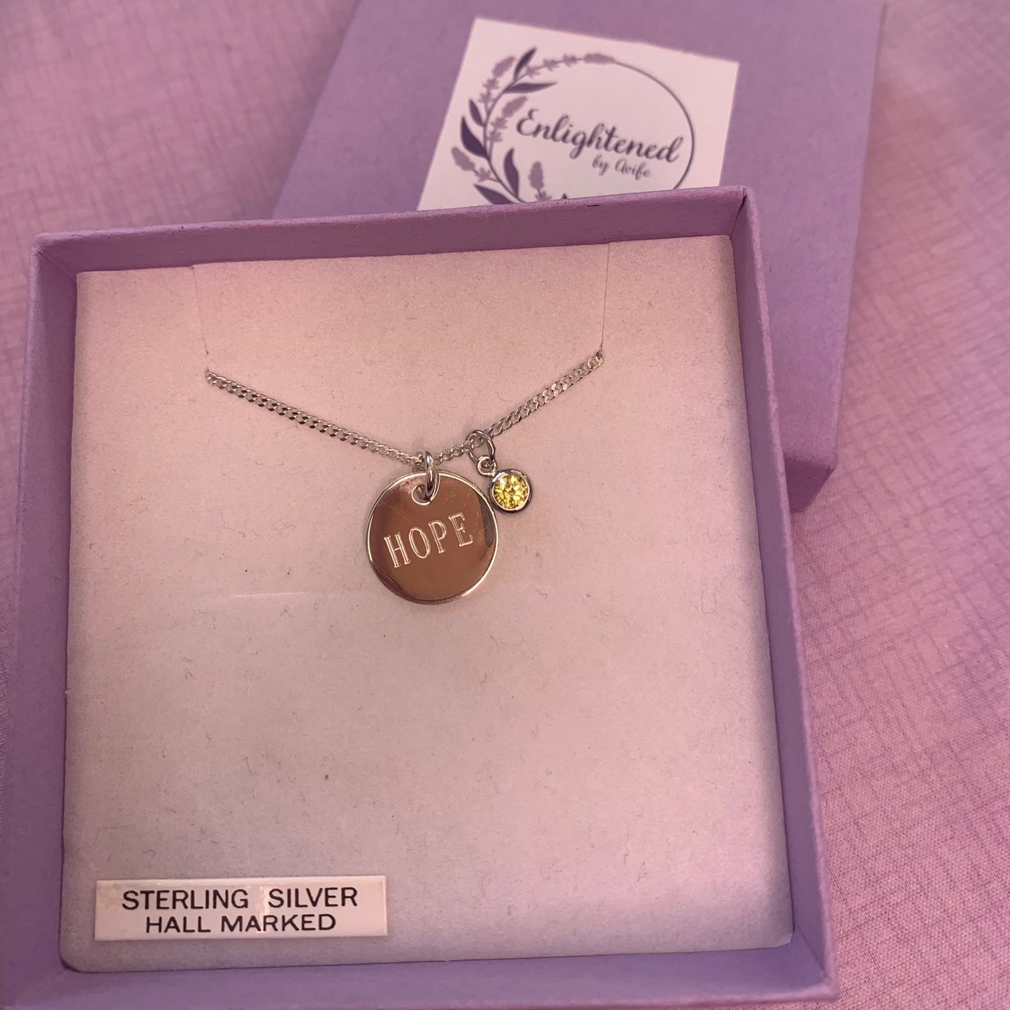 Hope affirmation necklace, sterling silver disc pendant with healing stone, gem birthstone