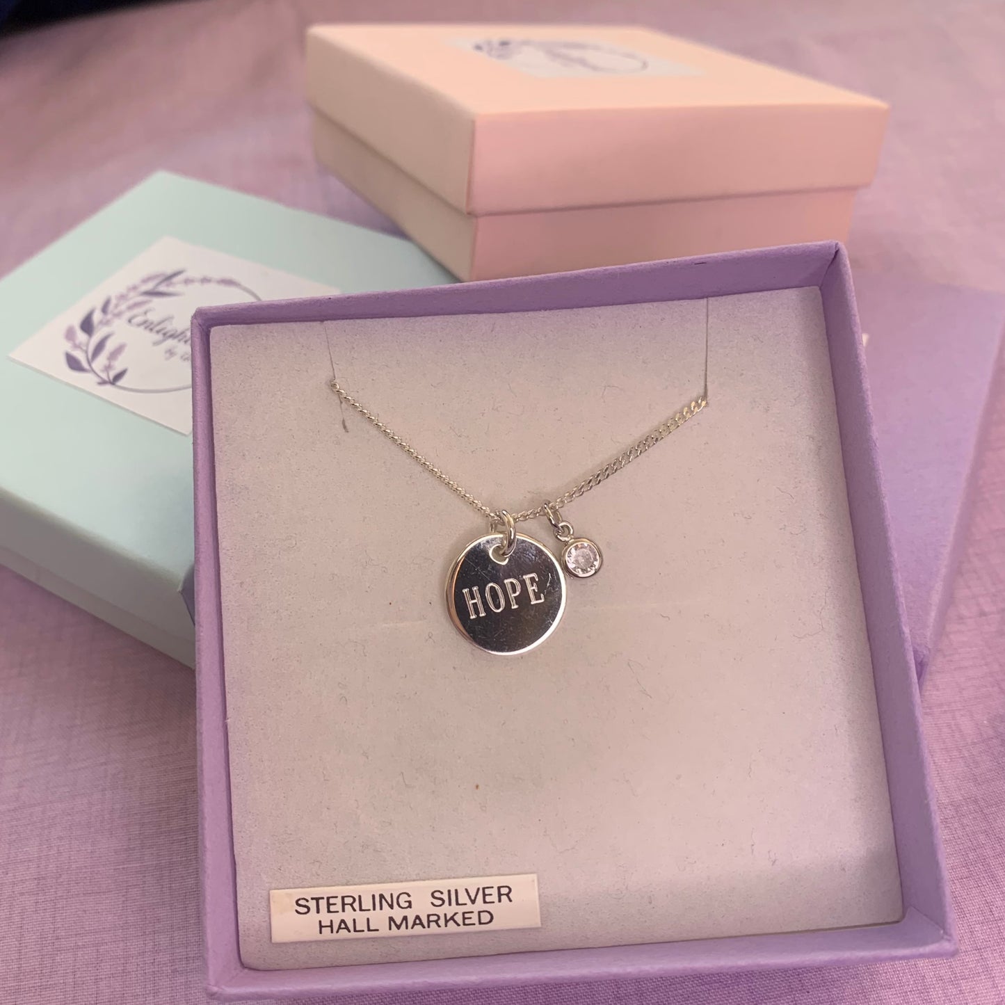 Hope affirmation necklace, sterling silver disc pendant with healing stone, gem birthstone