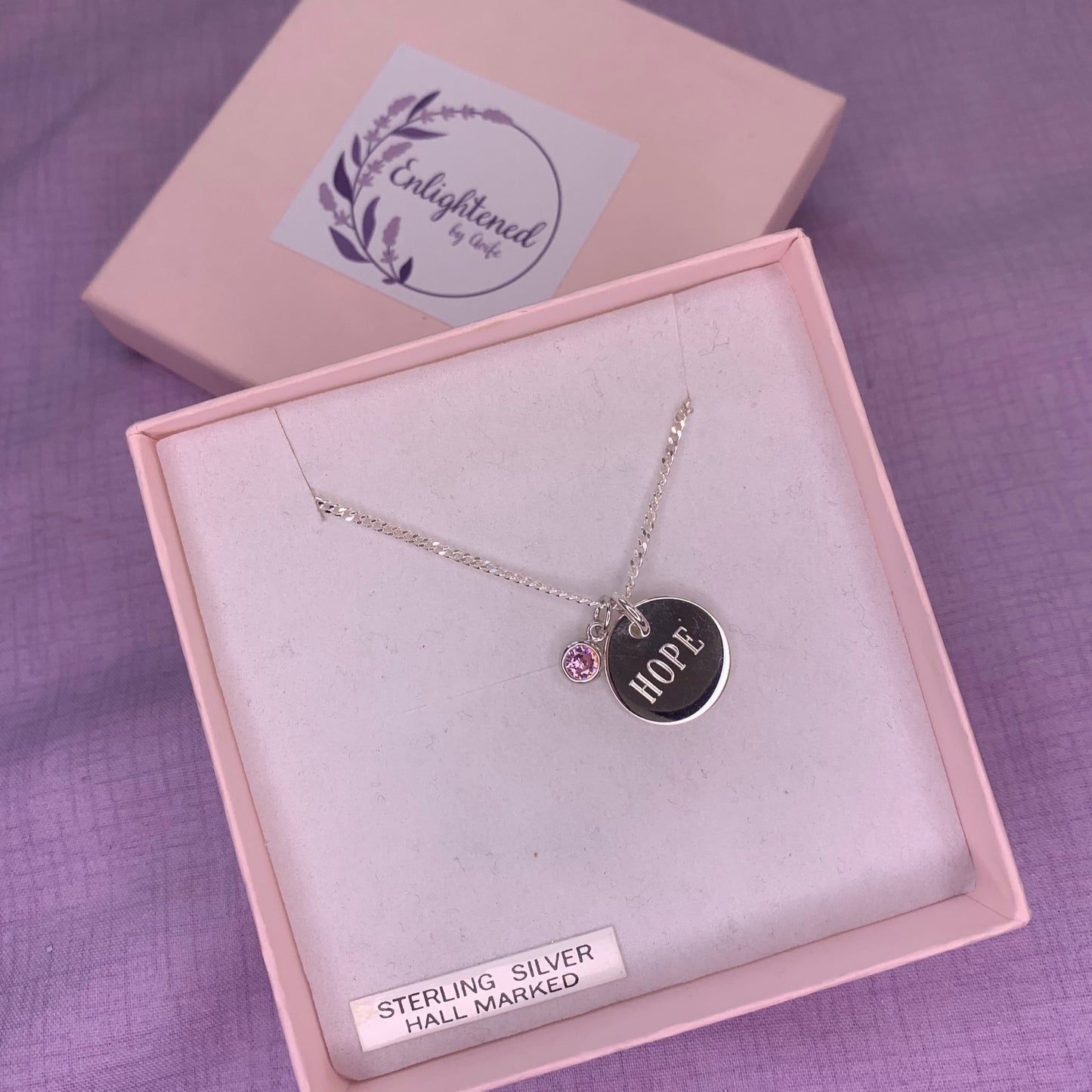Hope affirmation necklace, sterling silver disc pendant with healing stone, gem birthstone