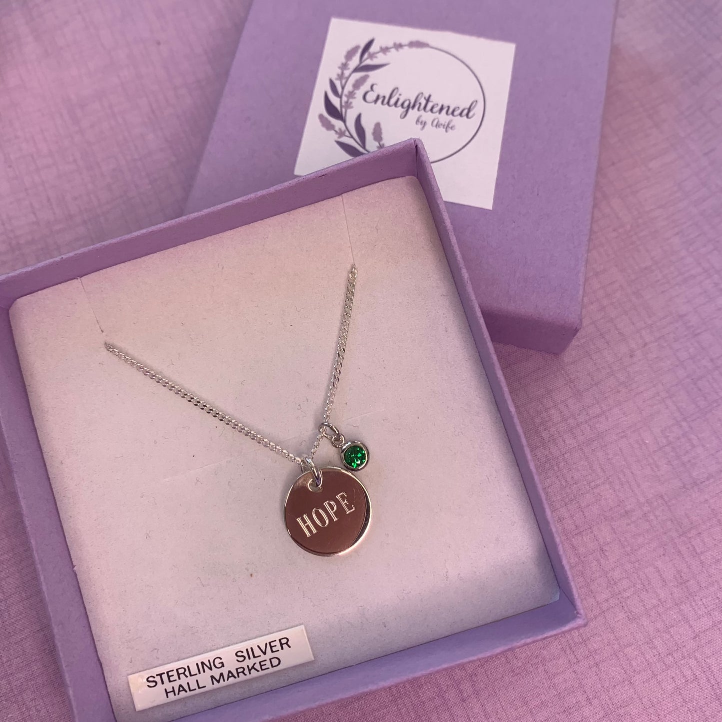 Hope affirmation necklace, sterling silver disc pendant with healing stone, gem birthstone
