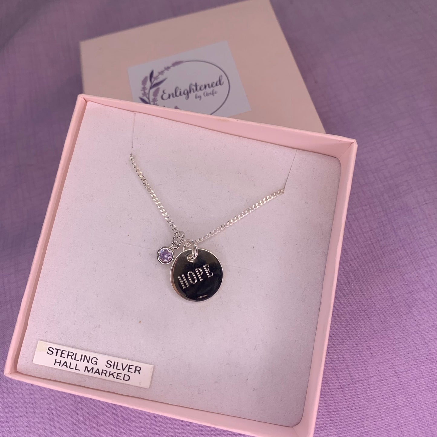 Hope affirmation necklace, sterling silver disc pendant with healing stone, gem birthstone