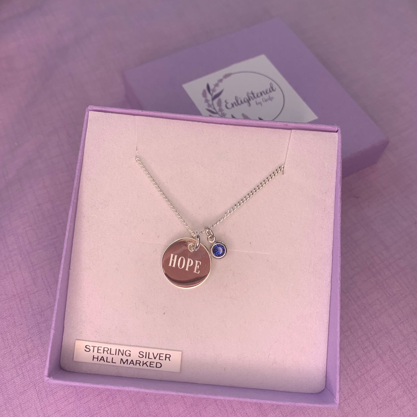 Hope affirmation necklace, sterling silver disc pendant with healing stone, gem birthstone