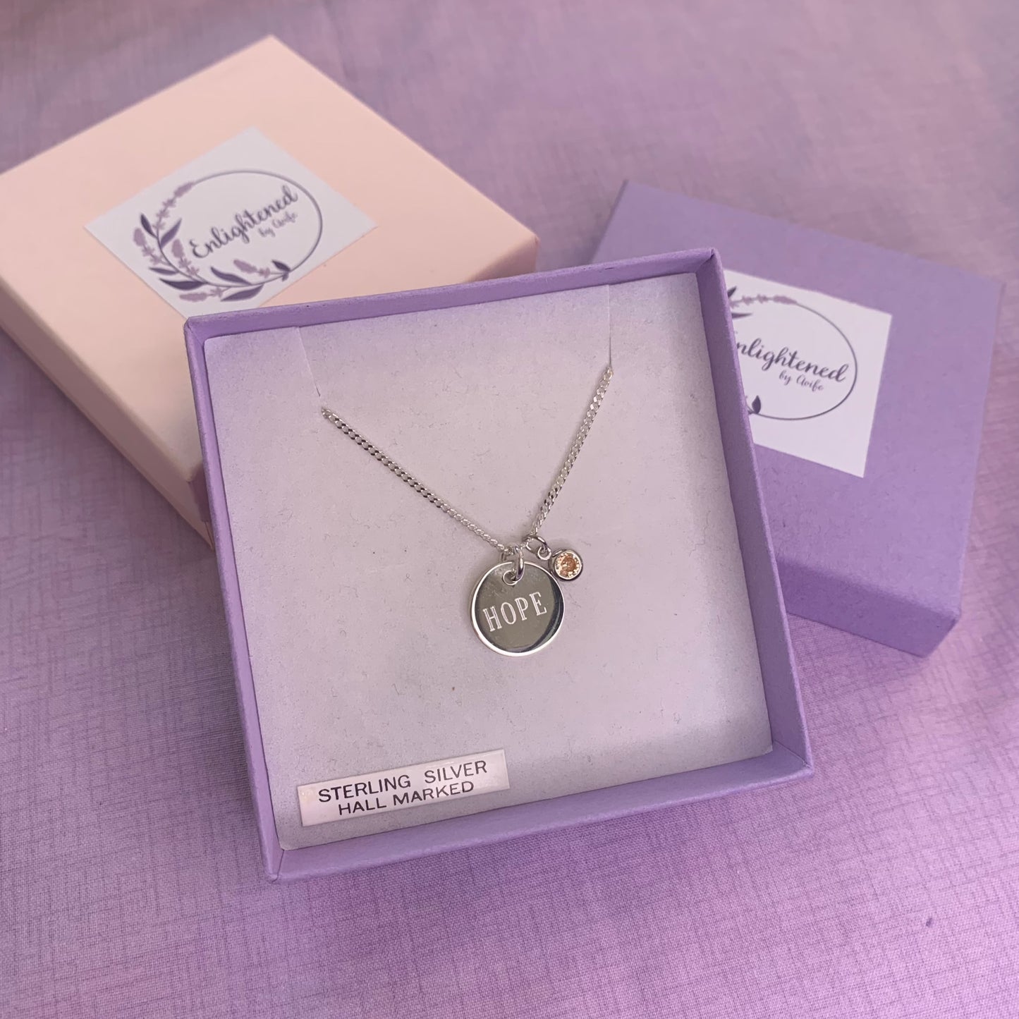 Hope affirmation necklace, sterling silver disc pendant with healing stone, gem birthstone