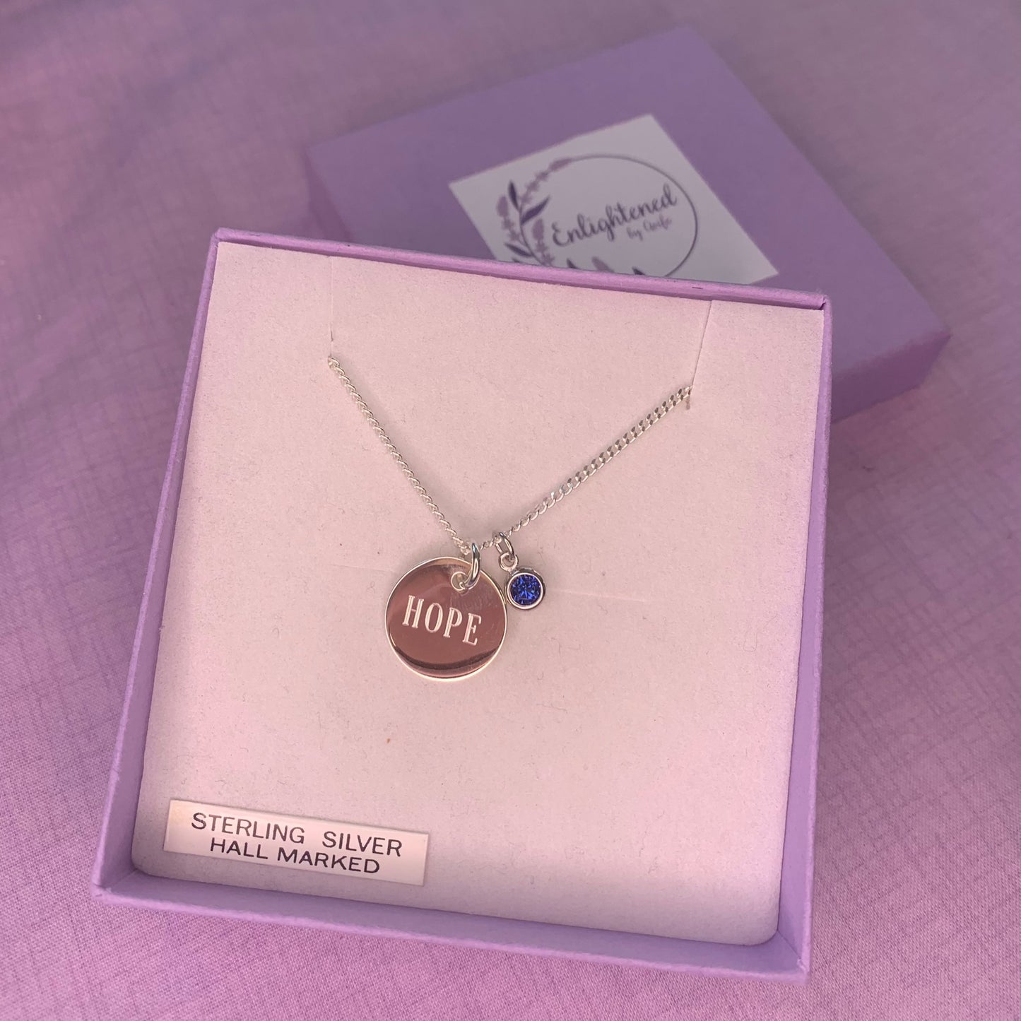 Hope affirmation necklace, sterling silver disc pendant with healing stone, gem birthstone