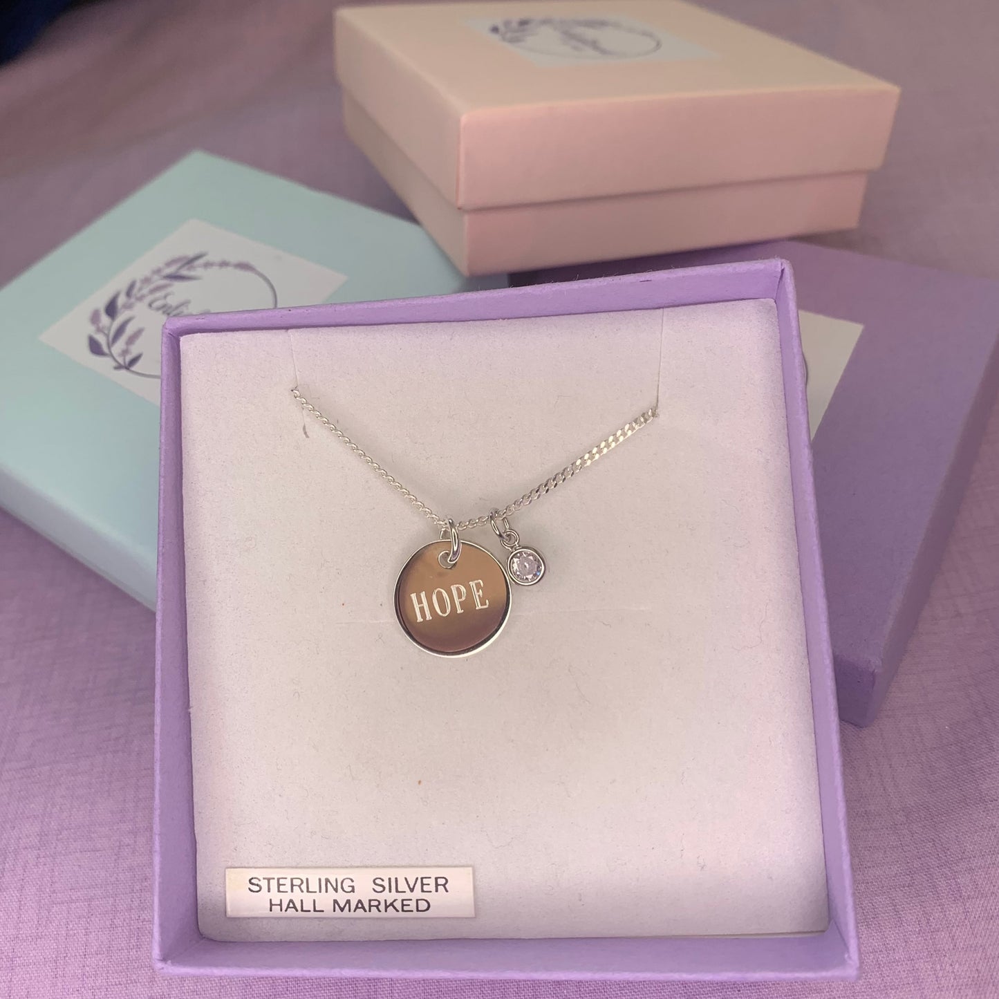 Hope affirmation necklace, sterling silver disc pendant with healing stone, gem birthstone