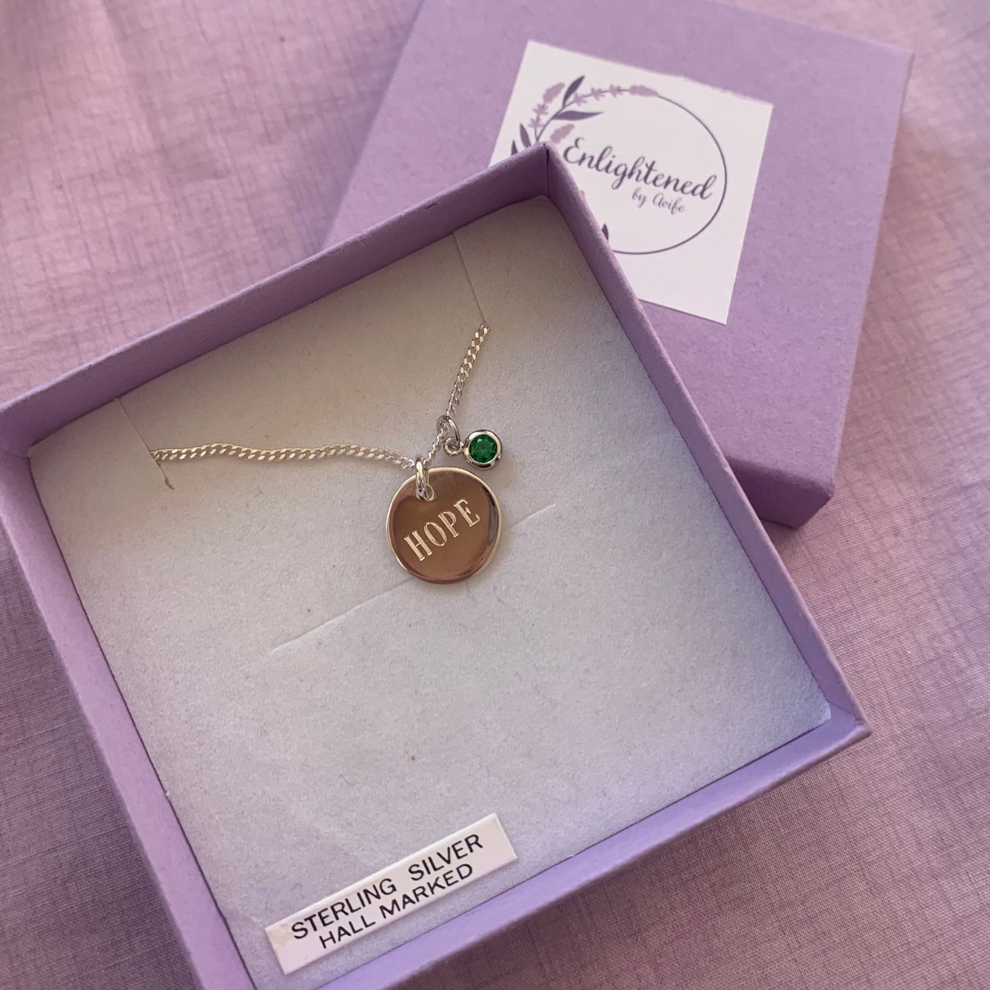 Hope affirmation necklace, sterling silver disc pendant with healing stone, gem birthstone