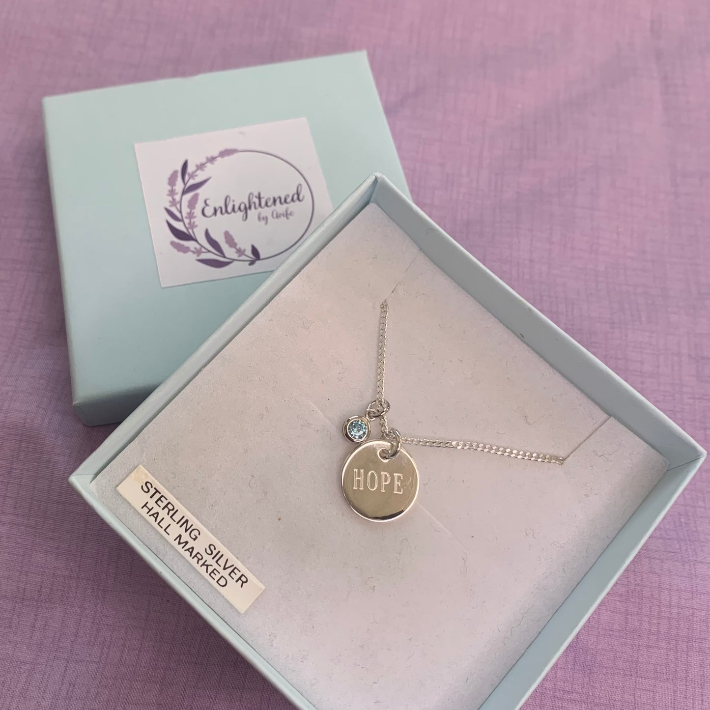 Hope affirmation necklace, sterling silver disc pendant with healing stone, gem birthstone