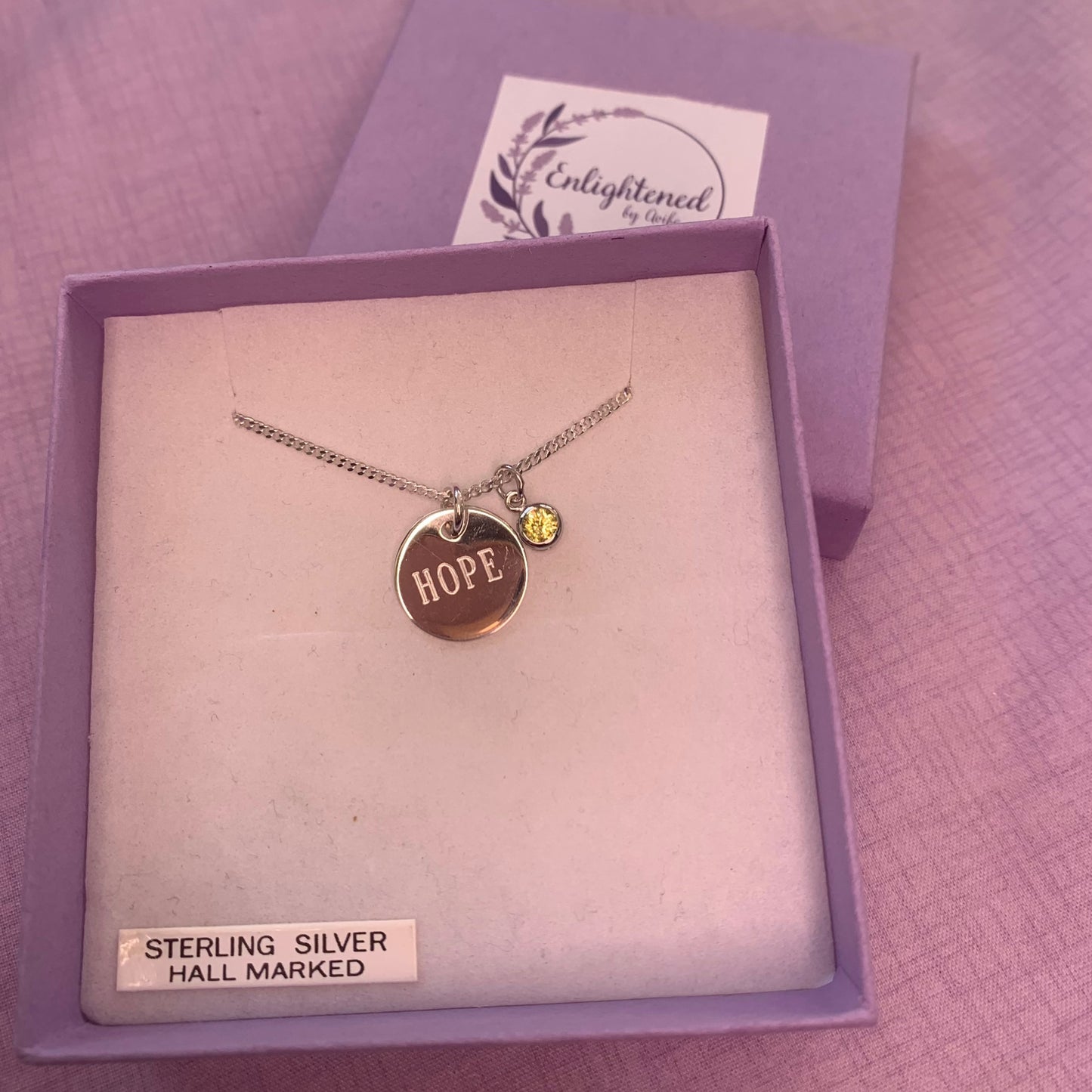 Hope affirmation necklace, sterling silver disc pendant with healing stone, gem birthstone